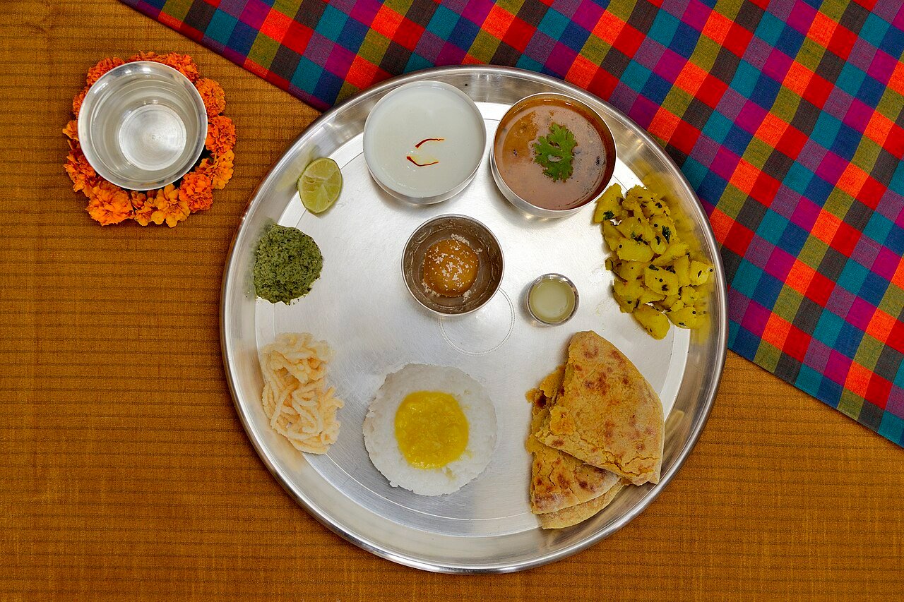 Real Maharashtrian meal with bhakri, rice, vegetables and accompaniments